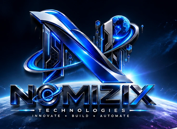 NOMIZIX blue metallic technology symbol